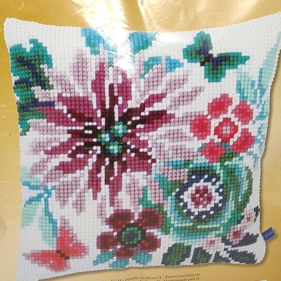 Flower Paradise II Butterfly Cross-Stitch Pillow Cover Blue Pink Floral 0154266 - Picture 1 of 3
